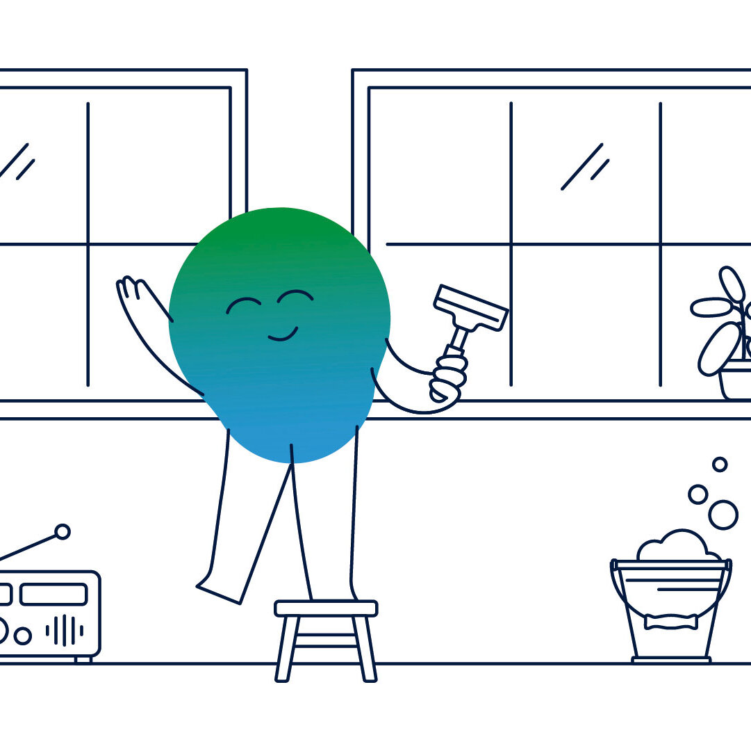 Illustration der Erklärfigur Kalle. Kalle putzt die Fenster, auf dem Boden steht ein Radio, es läuft Musik. Ein Eimer mit Wasser steht daneben.