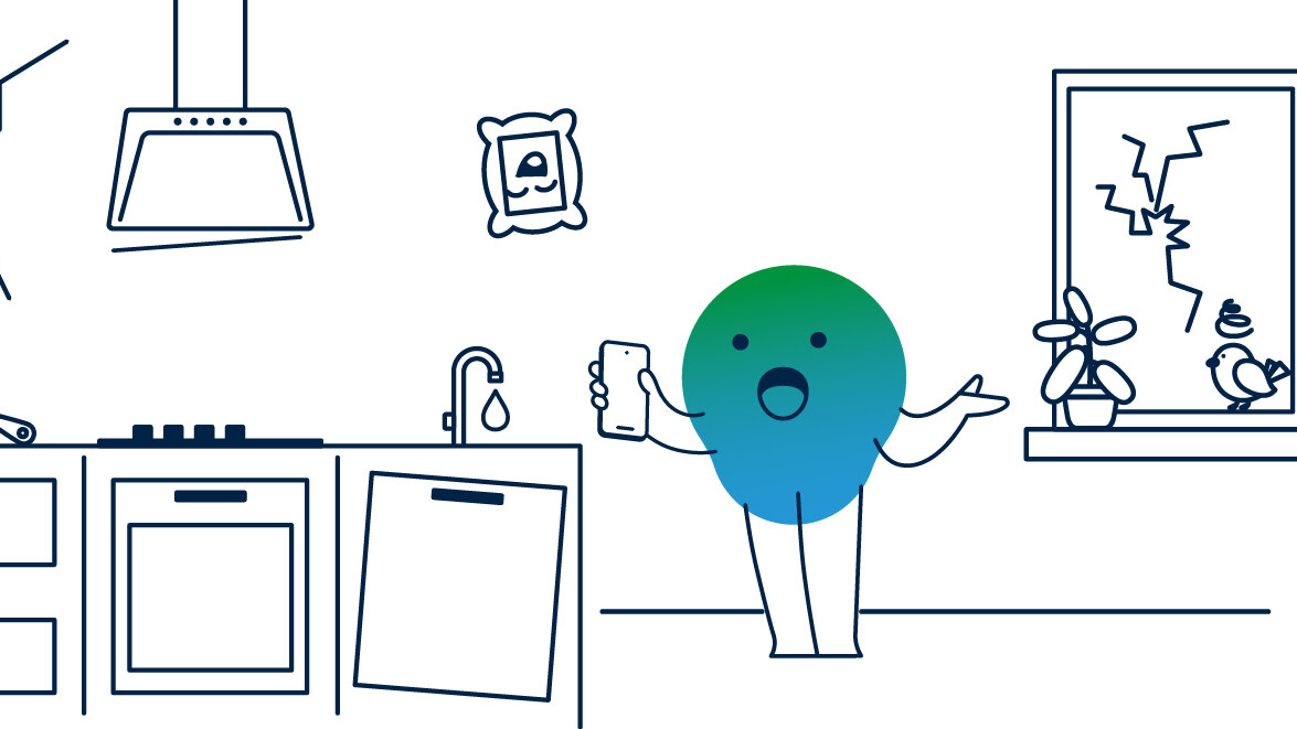 Illustration der degewo-Erklärfigur Kalle zum Thema Schadensmeldung. Kalle steht in der Wohnung, eine Fensterscheibe ist gesplittert, der Wasserhahn tropft. Weitere Mängel sind zu sehen.