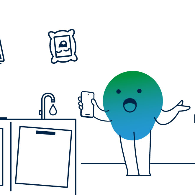 Illustration der degewo-Erklärfigur Kalle zum Thema Schadensmeldung. Kalle steht in der Wohnung, eine Fensterscheibe ist gesplittert, der Wasserhahn tropft. Weitere Mängel sind zu sehen.
