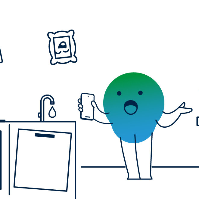 Illustration der degewo-Erklärfigur Kalle zum Thema Schadensmeldung. Kalle steht in der Wohnung, eine Fensterscheibe ist gesplittert, der Wasserhahn tropft. Weitere Mängel sind zu sehen.