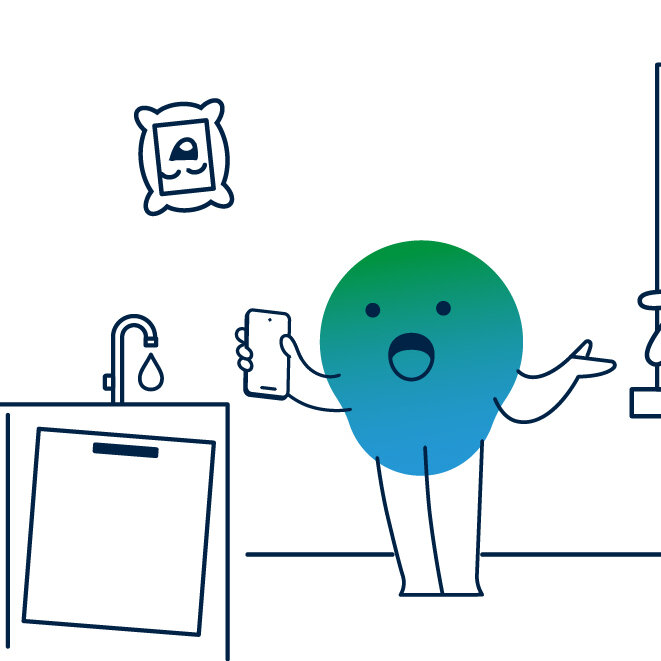 Illustration der degewo-Erklärfigur Kalle zum Thema Schadensmeldung. Kalle steht in der Wohnung, eine Fensterscheibe ist gesplittert, der Wasserhahn tropft. Weitere Mängel sind zu sehen.