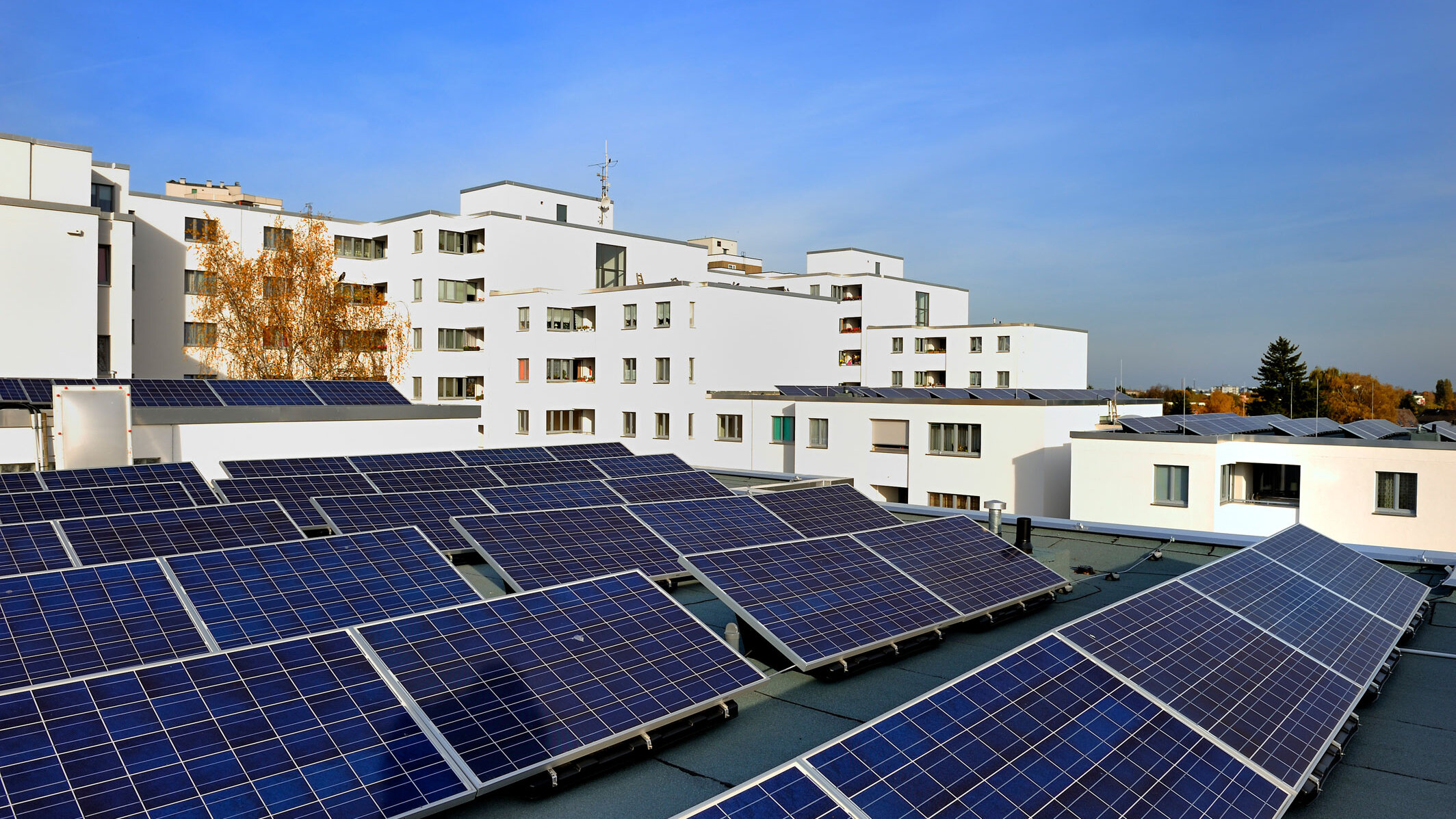 Photovoltaikanlage auf dem Dach eines Mehrfamilienhauses. Im Hintergrund sind weitere Wohngebäude unter blauem Himmel zu sehen.