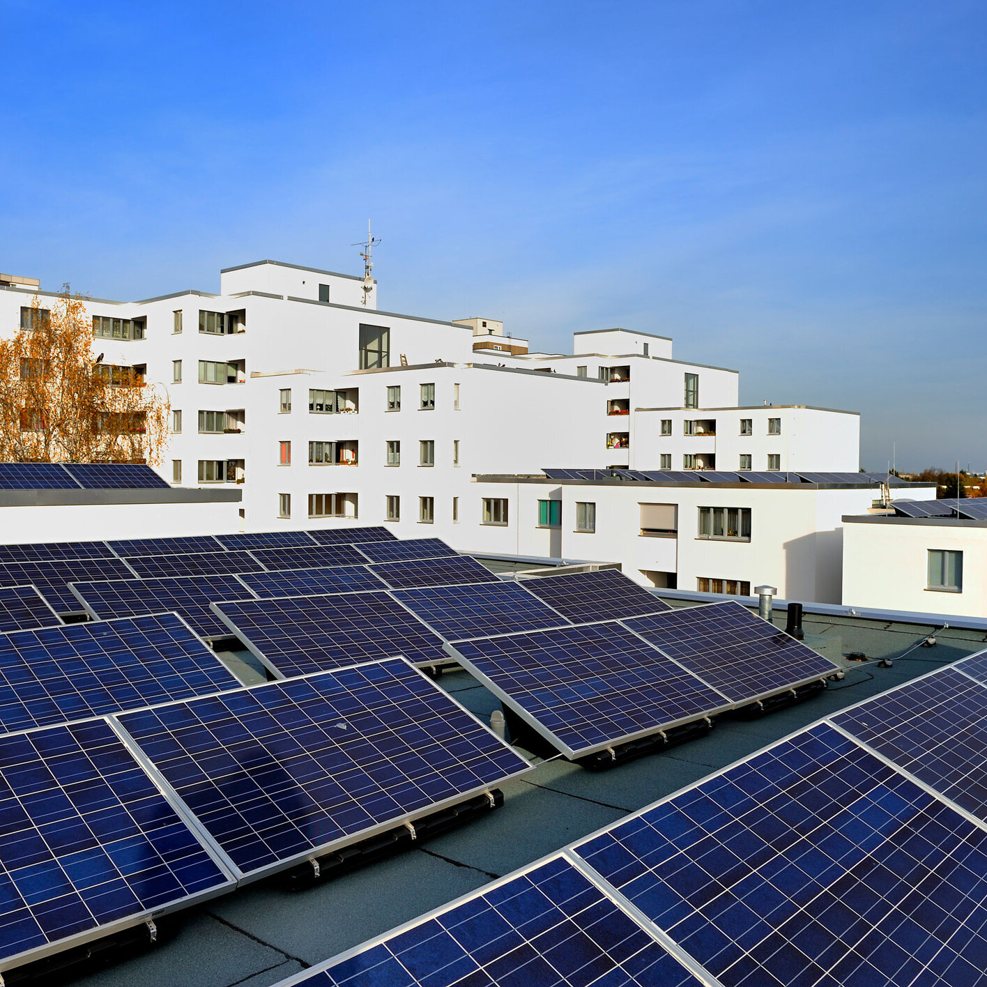 Photovoltaikanlage auf dem Dach eines Mehrfamilienhauses. Im Hintergrund sind weitere Wohngebäude unter blauem Himmel zu sehen.