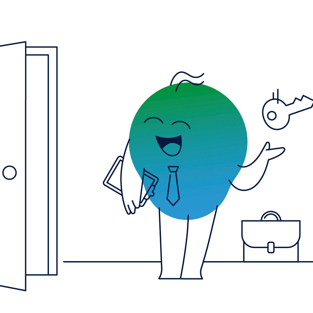 Illustration der Erklärfigur Kalle. Er steht vor einer Wohnungstür, trägt Krawatte, hat ein Klemmbrett in der Hand. Über ihn erscheint ein Schlüssel. Er lacht.