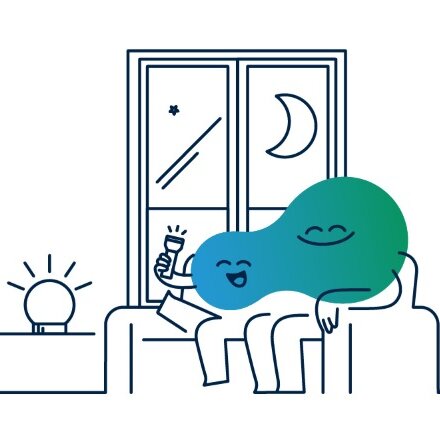 Illustration der degewo-Erklärfigur Kalle, die vor einem Fenster in einer Wohnung steht. Es sind viele Lampen zu erkennen.