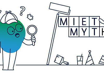 Illustration der degewo-Erklärfigur Kalle zum Thema Mietmythen. Um seinen Kopf herum schwirren Fragezeichen, er hält eine Lupe in der Hand und blickt auf eine Wand, an der Mietmythen in Großbuchstaben steht.  