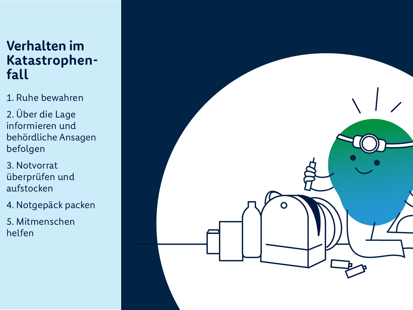 degewo-Erklärfigur Kalle sitzt auf dem Boden mit einer Stirnlampe auf dem Kopf. Daneben erklärt ein Text, was in einem Katastrophenfall zu tun ist.