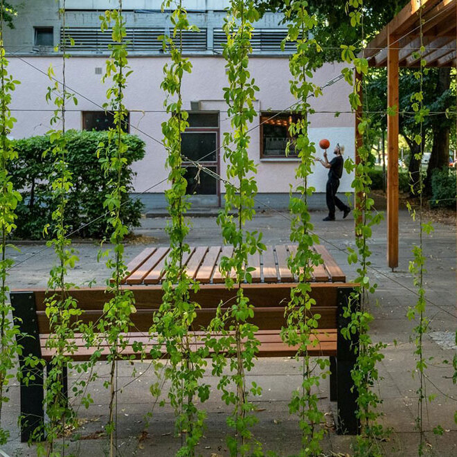 Pergola im Innenhof eines Gebäudes. Ein Mann spielt Basketball im Hintergrund.