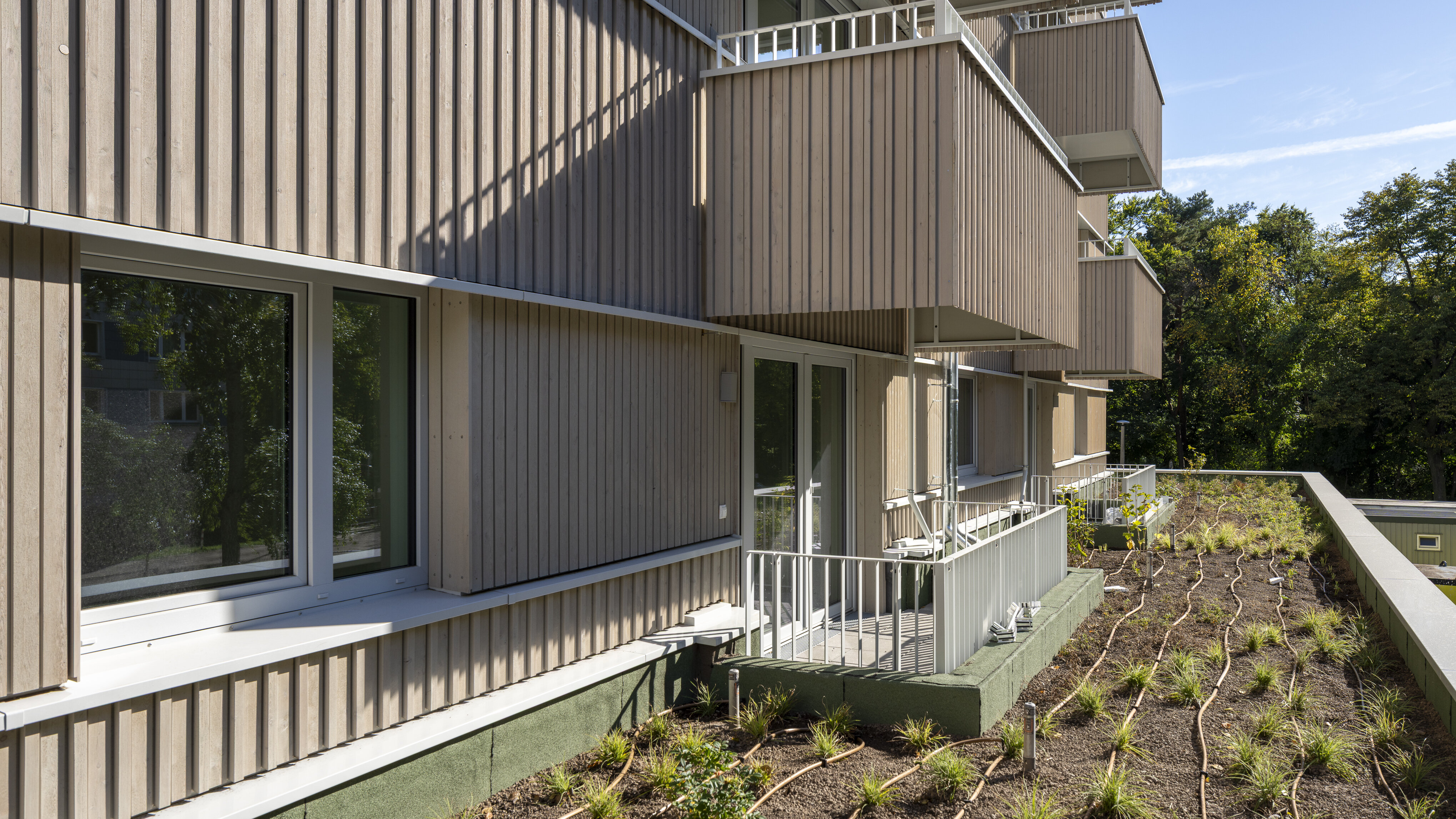 Balkone und Fassadendetail eines Wohngebäudes mit bepflanztem Bereich davor.