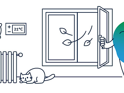 Illustration der degewo-Erklärfigur Kalle, die vor einem offenen Fenster steht, um zu lüften.
