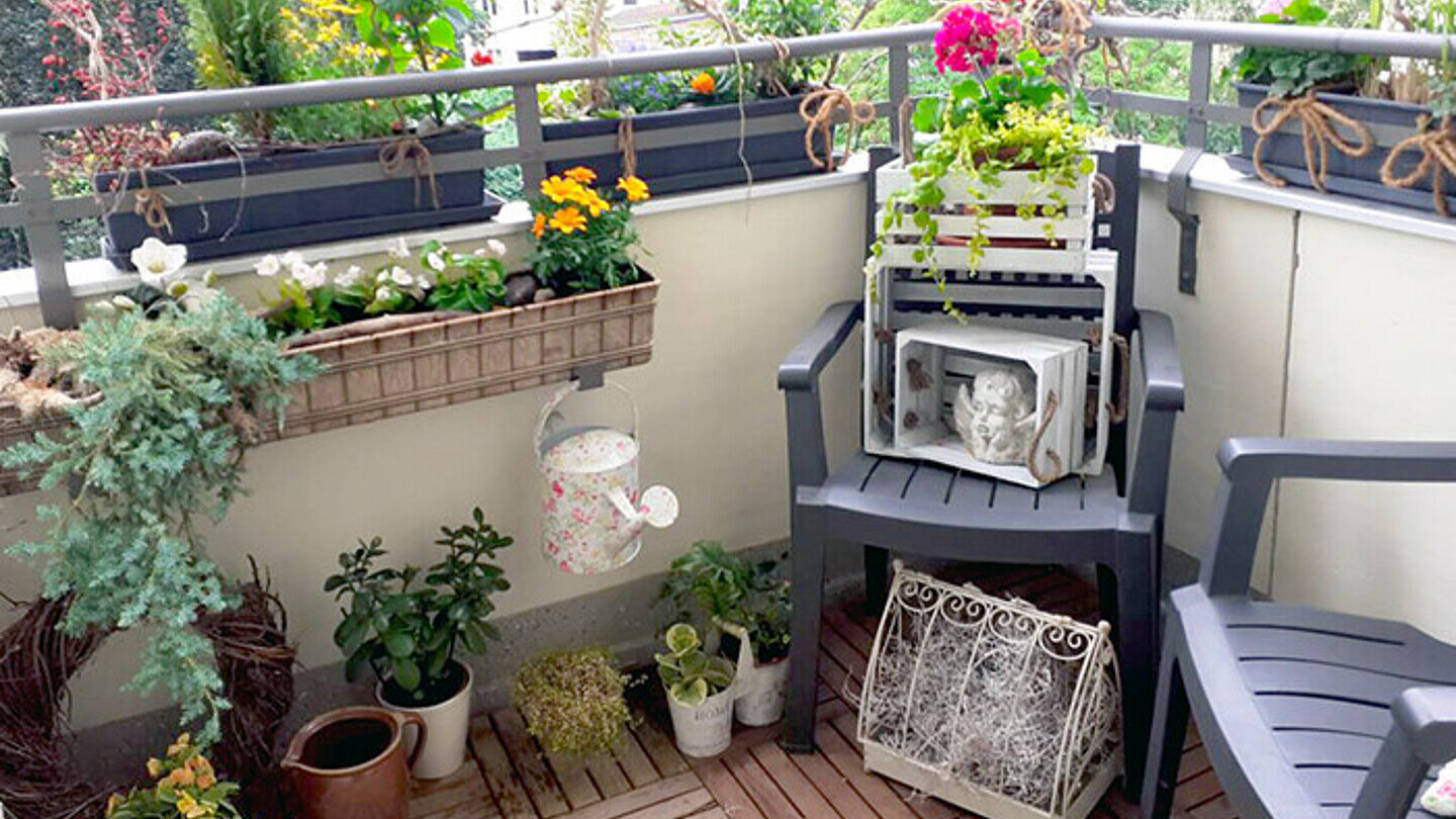 ein mit vielen kleinen Topfpflanzen dekorierter Balkon. Auf dem Balkon stehen zwei Holzstühle.