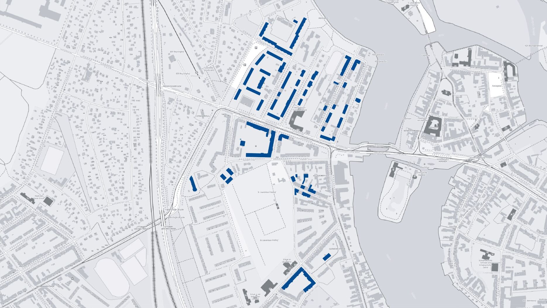 Kartenansicht des degewo-Quartiers Köllnische Vorstadt-Spindlersfeld mit farblich markierten Wohnungsbeständen