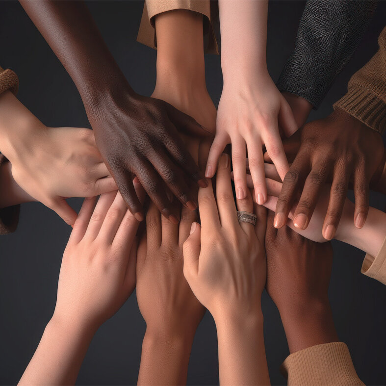 Mehrere Hände unterschiedlicher Hauttöne liegen übereinander in der Mitte des Bildes; die Personen tragen langärmelige Kleidung in neutralen Farben, der Hintergrund ist dunkel und einfarbig.