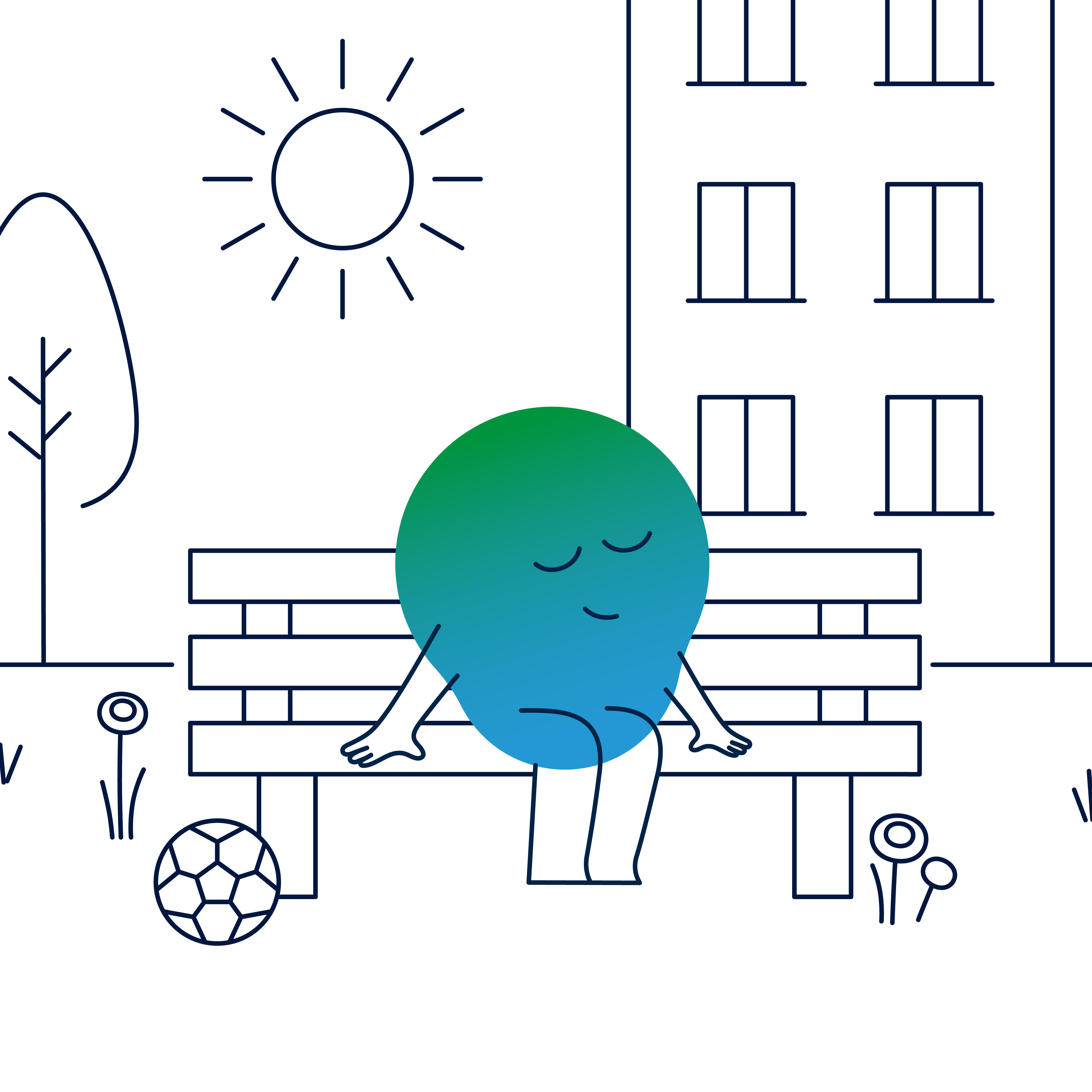 Illustration der Kalle-Erklärfigur. Diese sitzt draußen auf einer Bank, hat die Augen geschlossen und genießt die Sonne. Hinter im stehen ein Wohnhaus und Bäume.