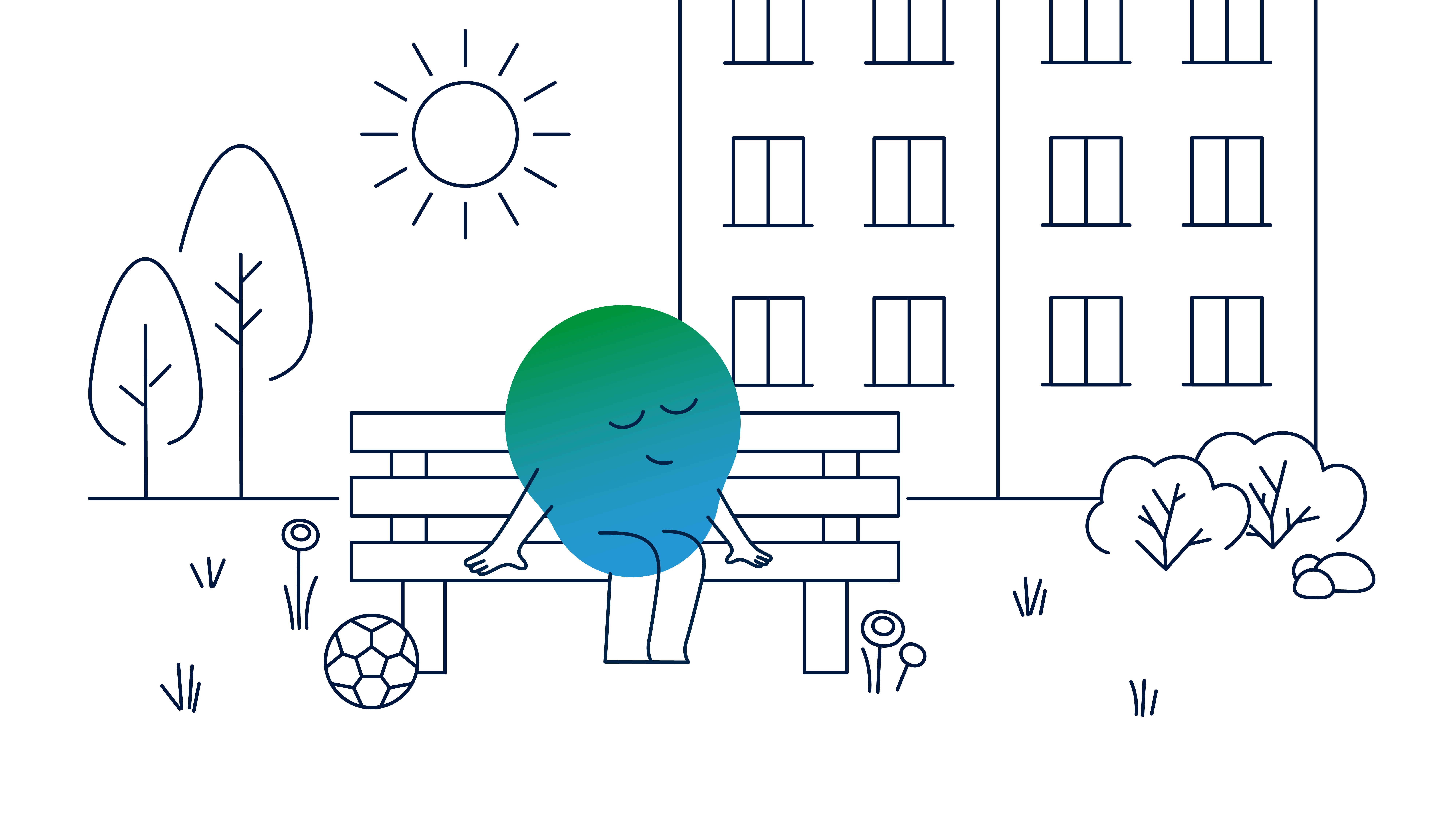 Illustration der Kalle-Erklärfigur. Diese sitzt draußen auf einer Bank, hat die Augen geschlossen und genießt die Sonne. Hinter im stehen ein Wohnhaus und Bäume.