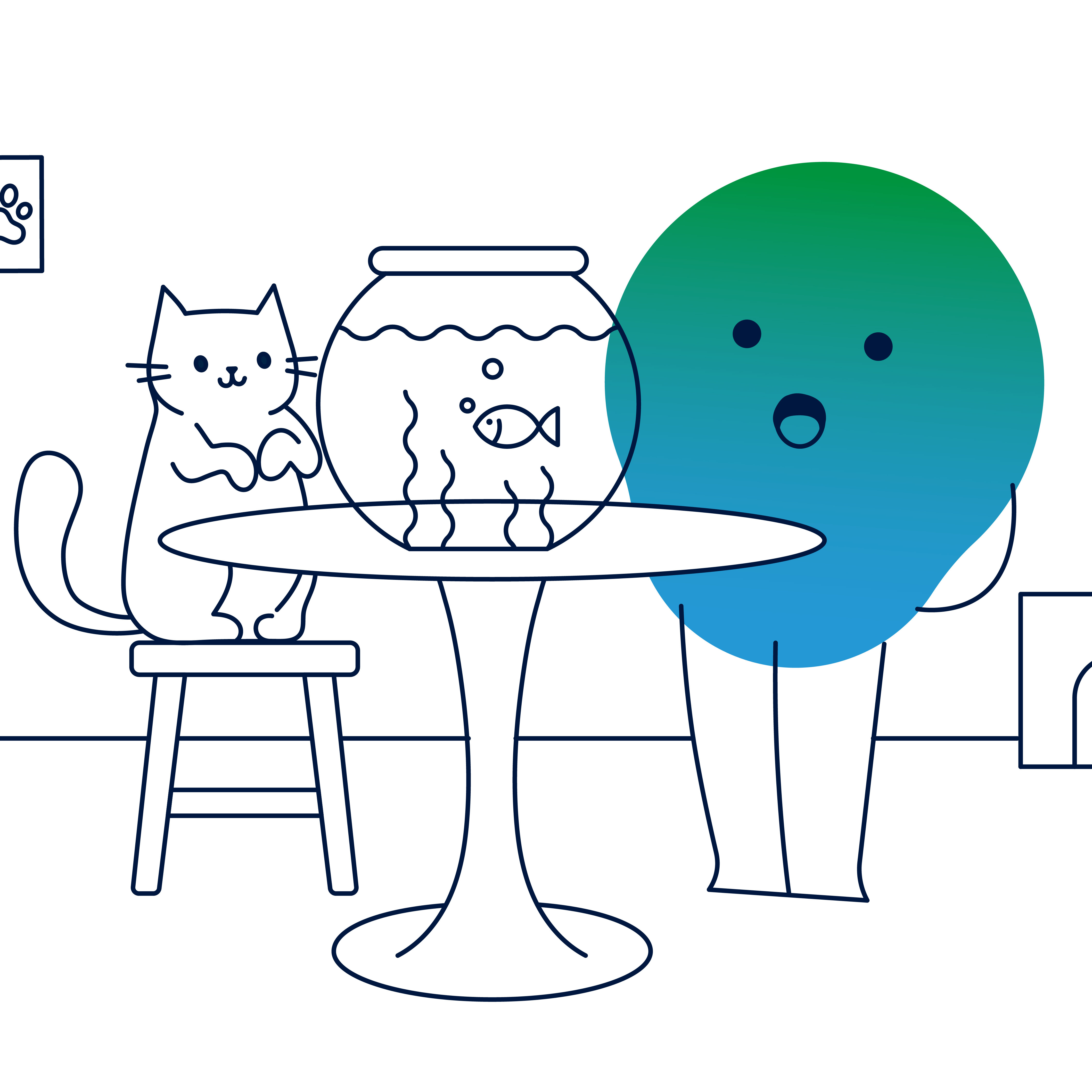 Illustration der Kalle-Erklärfigur. Diese steht an einem Tisch mit einem Aquarium darauf. Daneben auf einem Hocker sitz eine Katze. Im Hintergrund ein Kratzbau und Bilder an den Wänden.