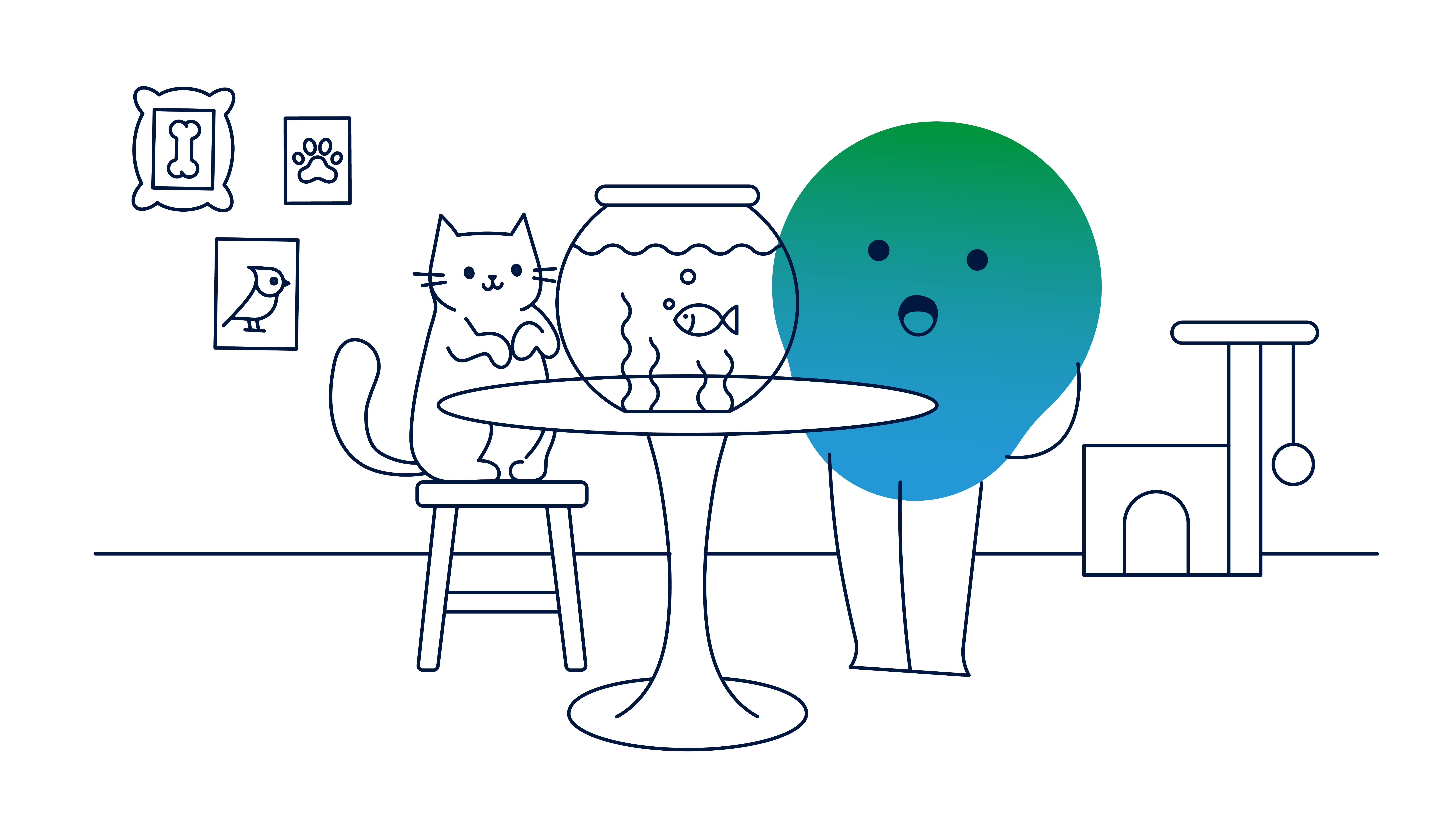 Illustration der Kalle-Erklärfigur. Diese steht an einem Tisch mit einem Aquarium darauf. Daneben auf einem Hocker sitz eine Katze. Im Hintergrund ein Kratzbau und Bilder an den Wänden.
