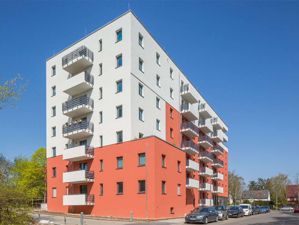 Straßeneckenansicht degewo-Neubau Käthe-Dorsch-Ring 23.