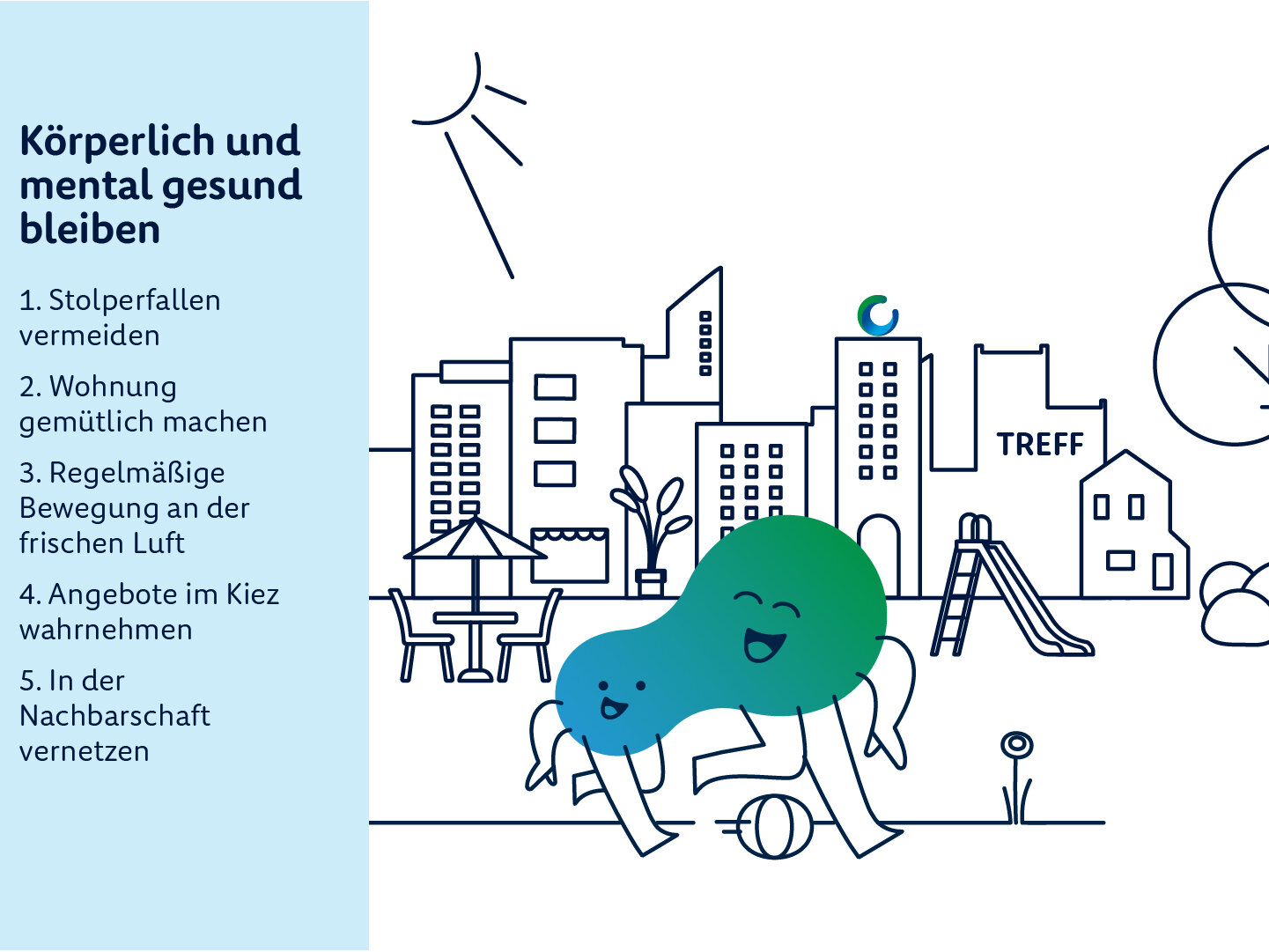 degewo-Erklärfigur Kalle geht mit einer anderen Person spazieren. Im Hintergrund ist ein Stadtpanorama zu sehen. Daneben erklärt ein Text, wie man sich gesund hält.