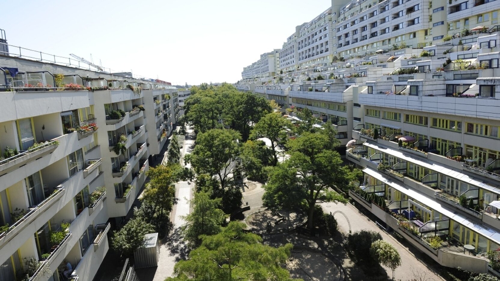Blick von oben auf Gebäudezeilen links und rechts sowie hofseitige Mittelinsel mit schattenspendendem Baumbestand.