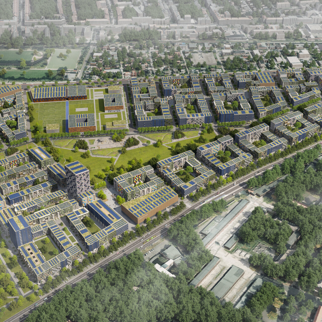 Luftbild-Visualisierung degewo-Neubau Schumacher Quartier.