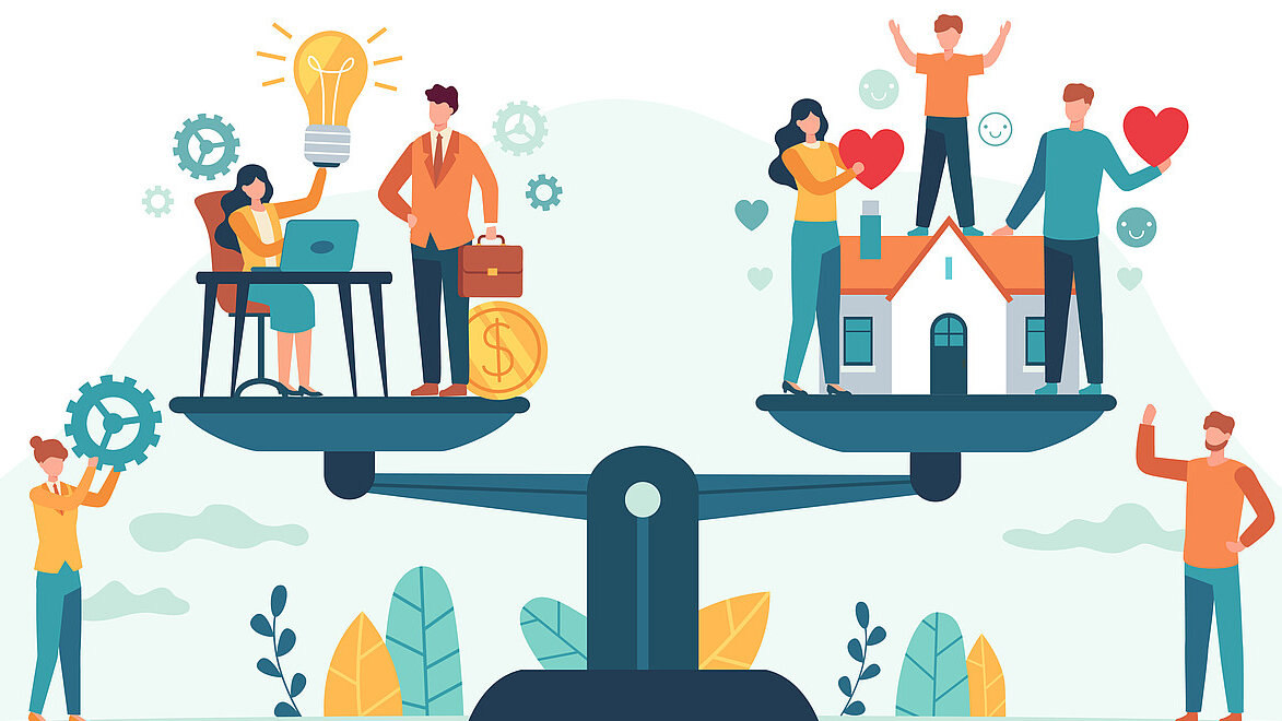 Grafische Darstellung einer Waage, ausgeglichen zwischen Job und Familie