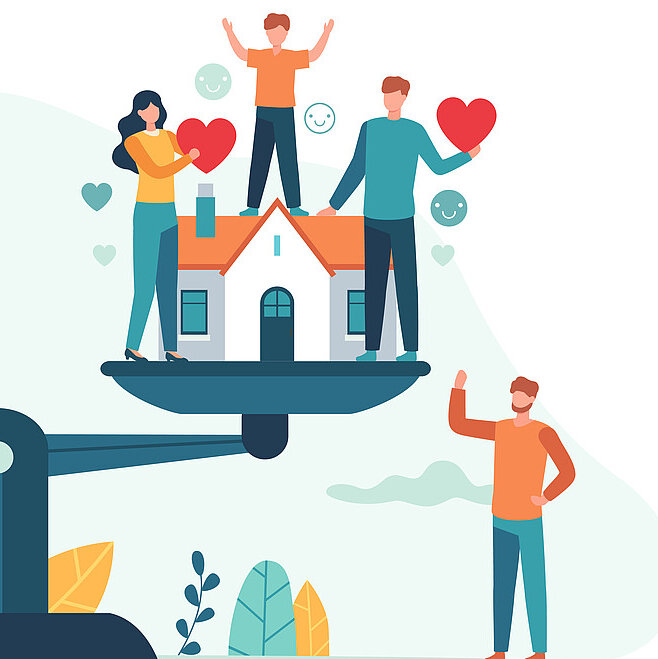 Grafische Darstellung einer Waage, ausgeglichen zwischen Job und Familie