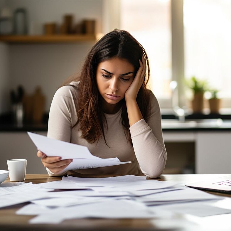 Person sitzt am Tisch und prüft mehrere Unterlagen. Vor ihr liegen Rechnungen und ein Laptop; sie wirkt nachdenklich.