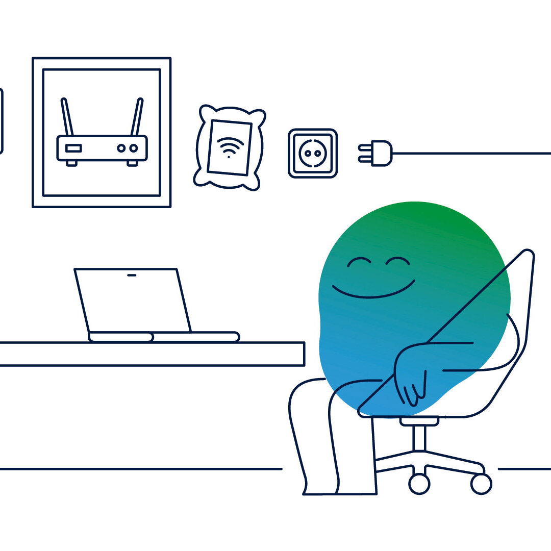 Illustration der Erklärfigur Kalle. Er sitzt an einem Tisch. Darauf stehen Laptop, Lampe und Pflanze. An der Wand hängen Bilder.