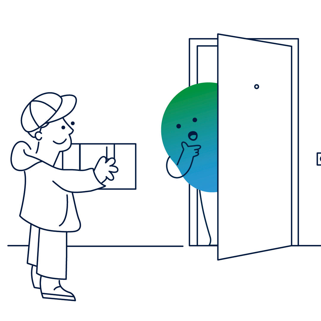 Illustration der Erklärfigur Kalle. Kalle steht an der Tür, sie ist offen. Ein Postbote steht davor. Kalle sieht skeptisch aus.