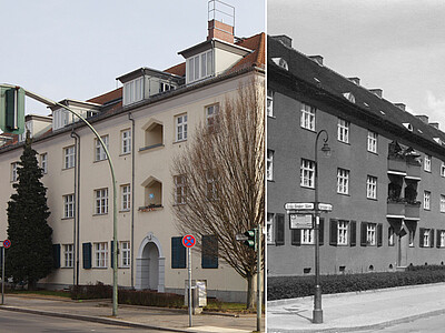 Zwei Bilder, die jeweils ein Wohnhaus in der Krugpfuhlsiedlung damals und heute zeigen.