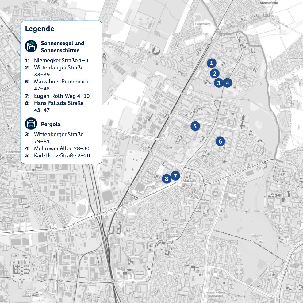 Karte mit den Standorten der Klimaangepassten Freiräume im Marzahn-Hellersdorf