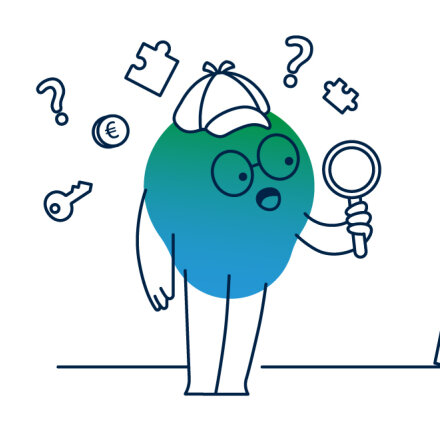 Illustration der degewo-Erklärfigur Kalle zum Thema Mietmythen. Um seinen Kopf herum schwirren Fragezeichen, er hält eine Lupe in der Hand und blickt auf eine Wand, an der Mietmythen in Großbuchstaben steht.