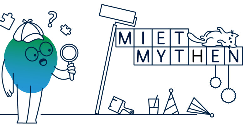 Illustration der degewo-Erklärfigur Kalle zum Thema Mietmythen. Um seinen Kopf herum schwirren Fragezeichen, er hält eine Lupe in der Hand und blickt auf eine Wand, an der Mietmythen in Großbuchstaben steht.