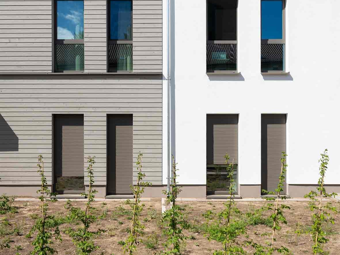 Außenansicht degewo-Neubau Stillerzeile 58 mit Beet im Vordergrund.