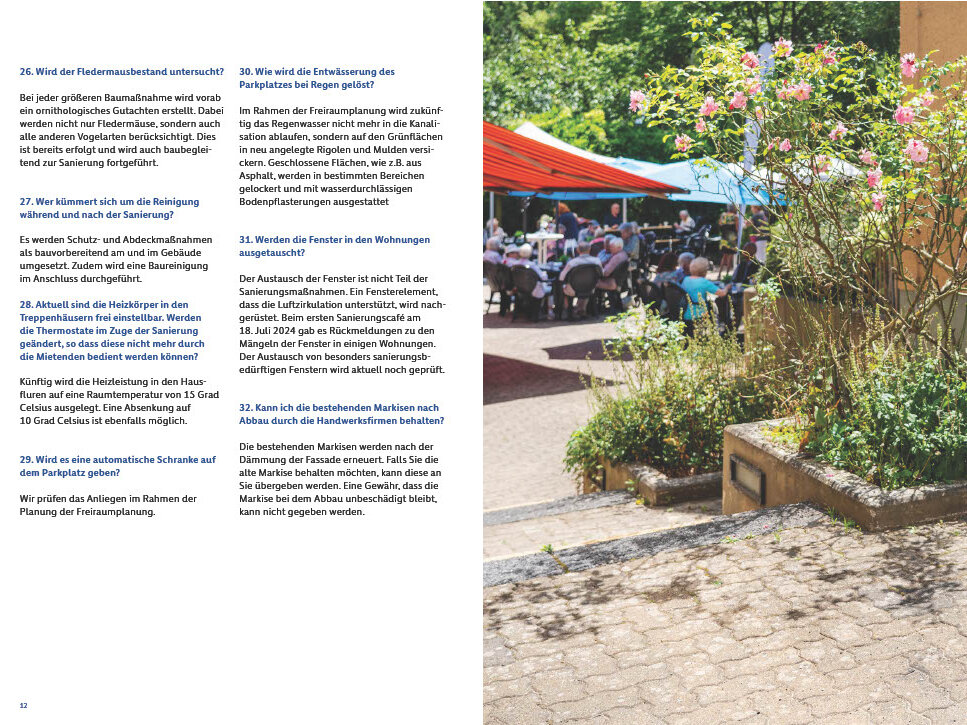 Informationsseite der Broschüre mit Fragen zu Naturschutz, Reinigung, Entwässerung, Fensteraustausch und baulichen Details während der Sanierungsphase.