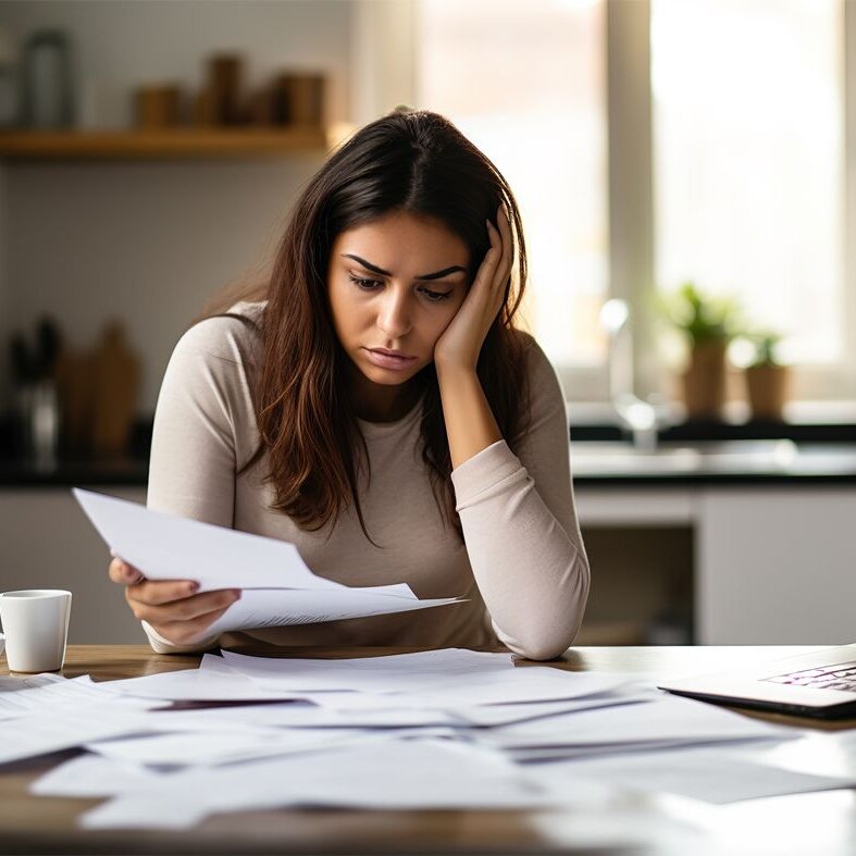Person sitzt am Tisch und prüft mehrere Unterlagen. Vor ihr liegen Rechnungen und ein Laptop; sie wirkt nachdenklich.