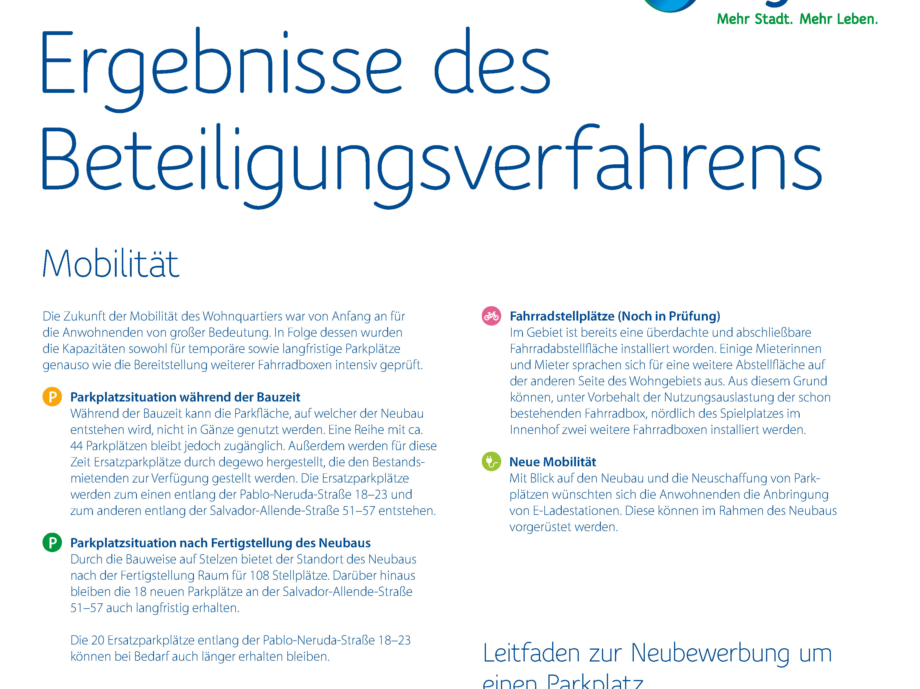 Plakat „Ergebnisse des Beteiligungsverfahrens – Mobilität“ mit Informationen zur Parkplatzsituation, Fahrradstellplätzen, E-Ladestationen und Vergabeverfahren.