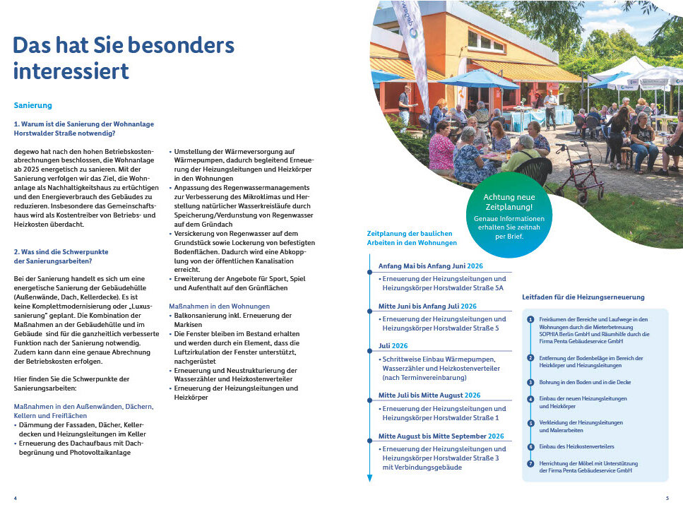 Broschürenseite mit Fragen und Antworten zur Notwendigkeit der Sanierung, zu geplanten Maßnahmen sowie einer Übersicht zur zeitlichen Abfolge der Arbeiten in den Wohnungen.