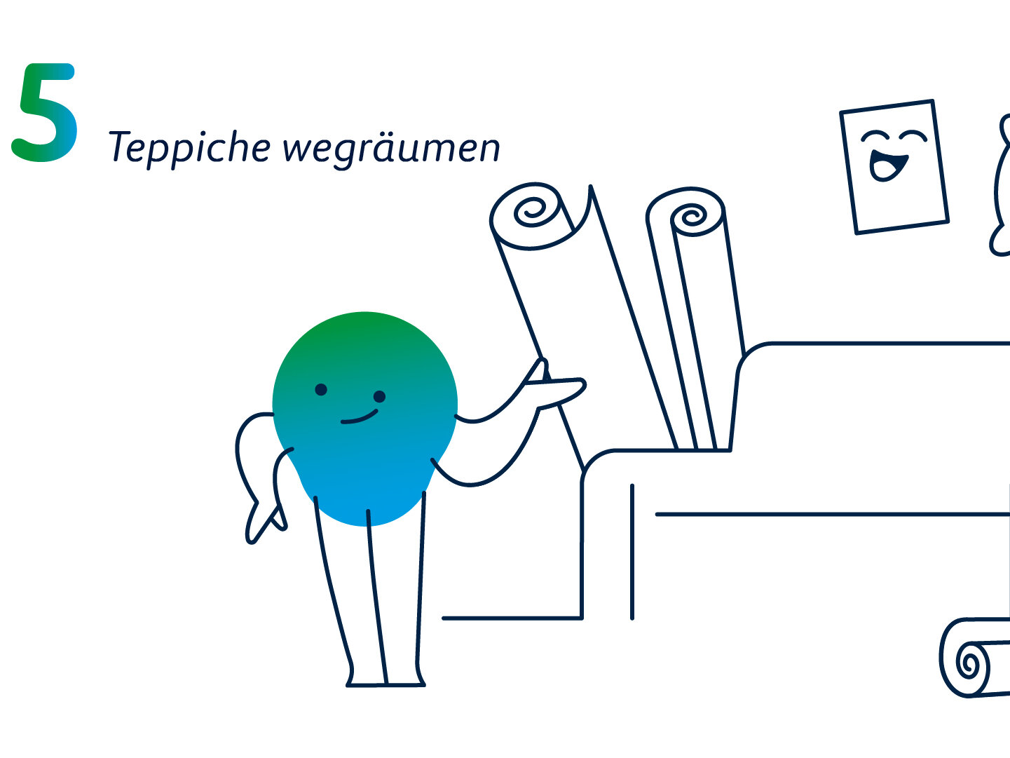 Grafik zu „Teppiche wegräumen“. Die Maskottchen legt einen zusammengerollte Teppiche weg.