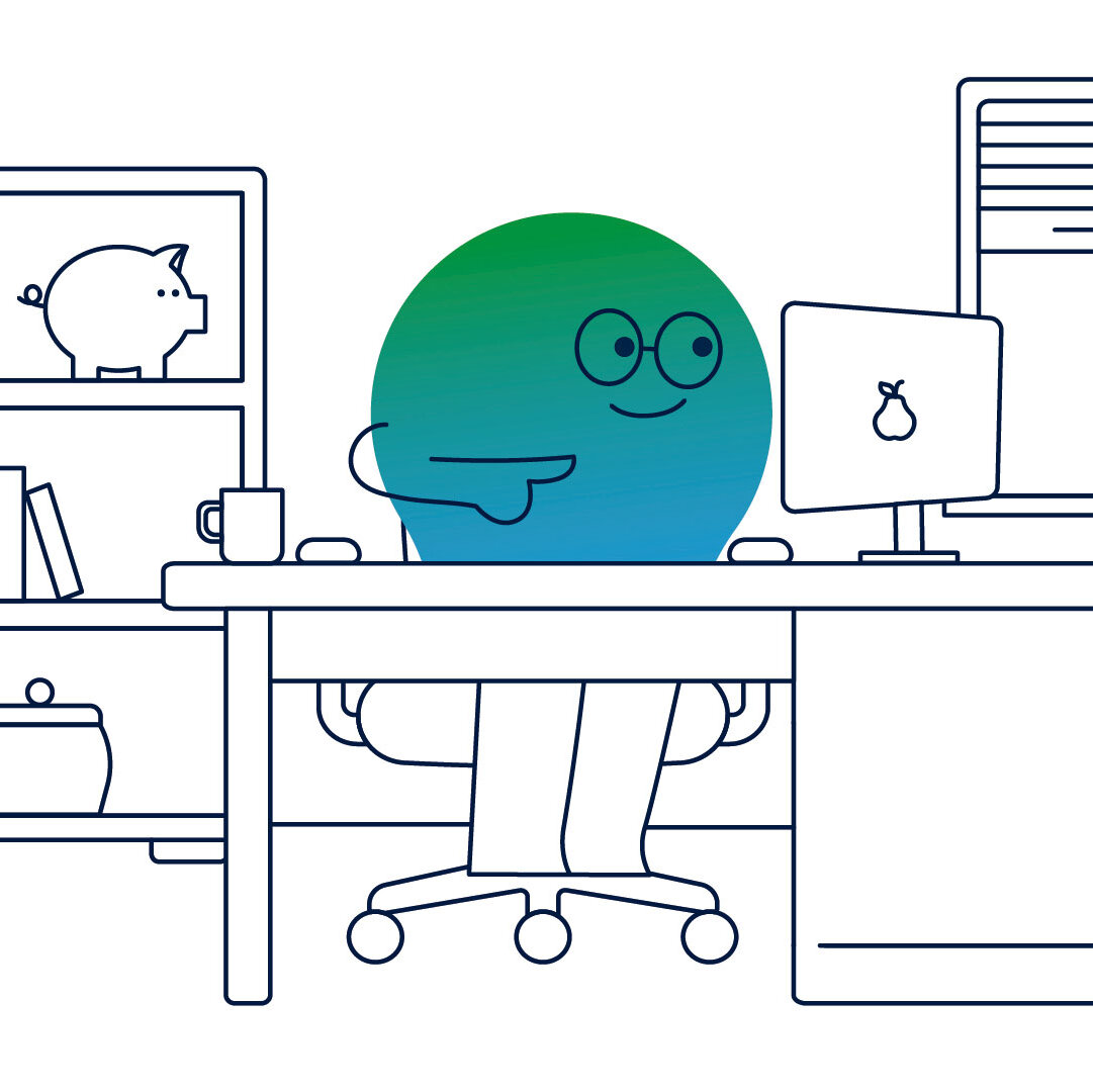 Illustration der Erklärfigur Kalle. Er sitzt an einem Computer, hinter ihm steht ein Regal mit einem Sparschwein. 