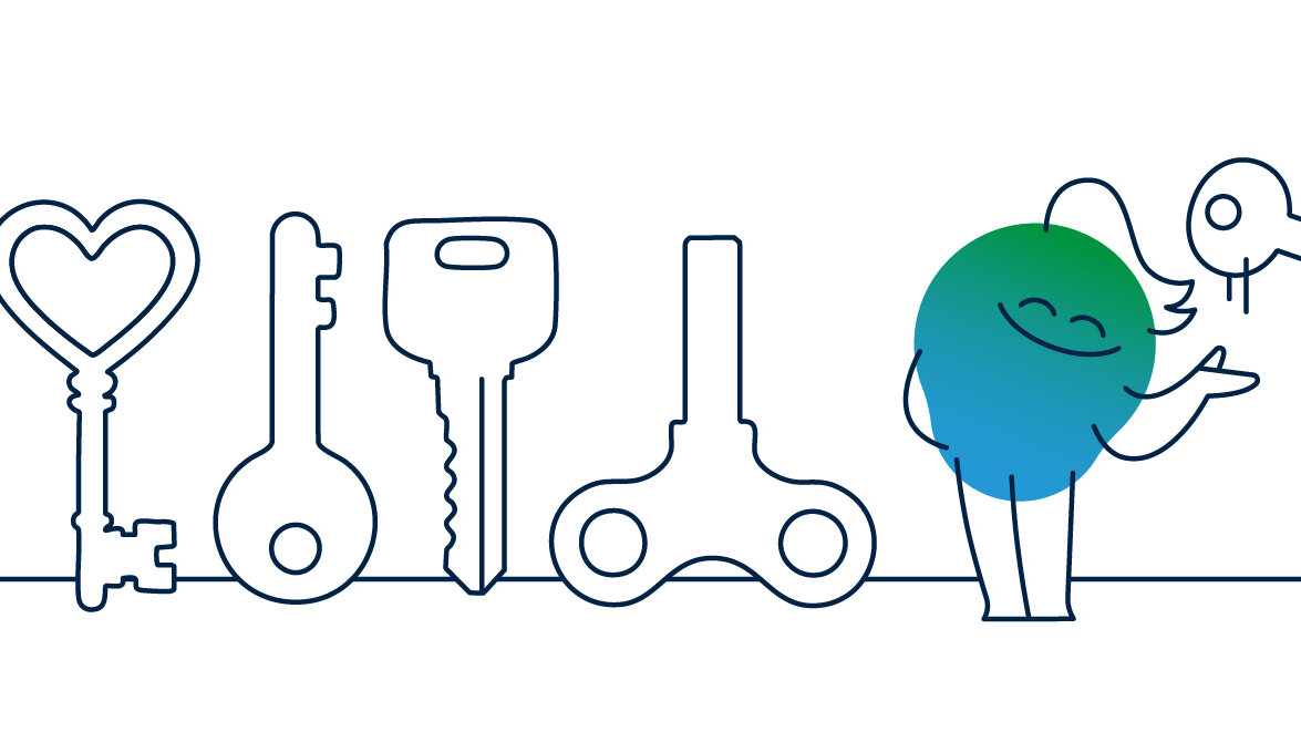 Illustration der degewo-Erklärfigur Kalle zum Thema Sicheres Wohnen. Neben Kalle sind verschiedene Schlüssel abgebildet.