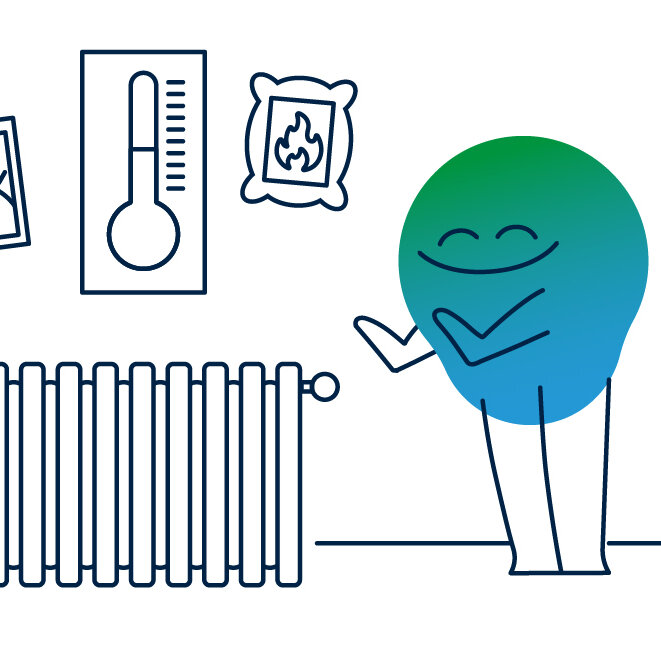 Illustration einer grafischen Erklärfigur, welches vor einer Heizung in einer Wohnung steht und sich die Hände wärmt.