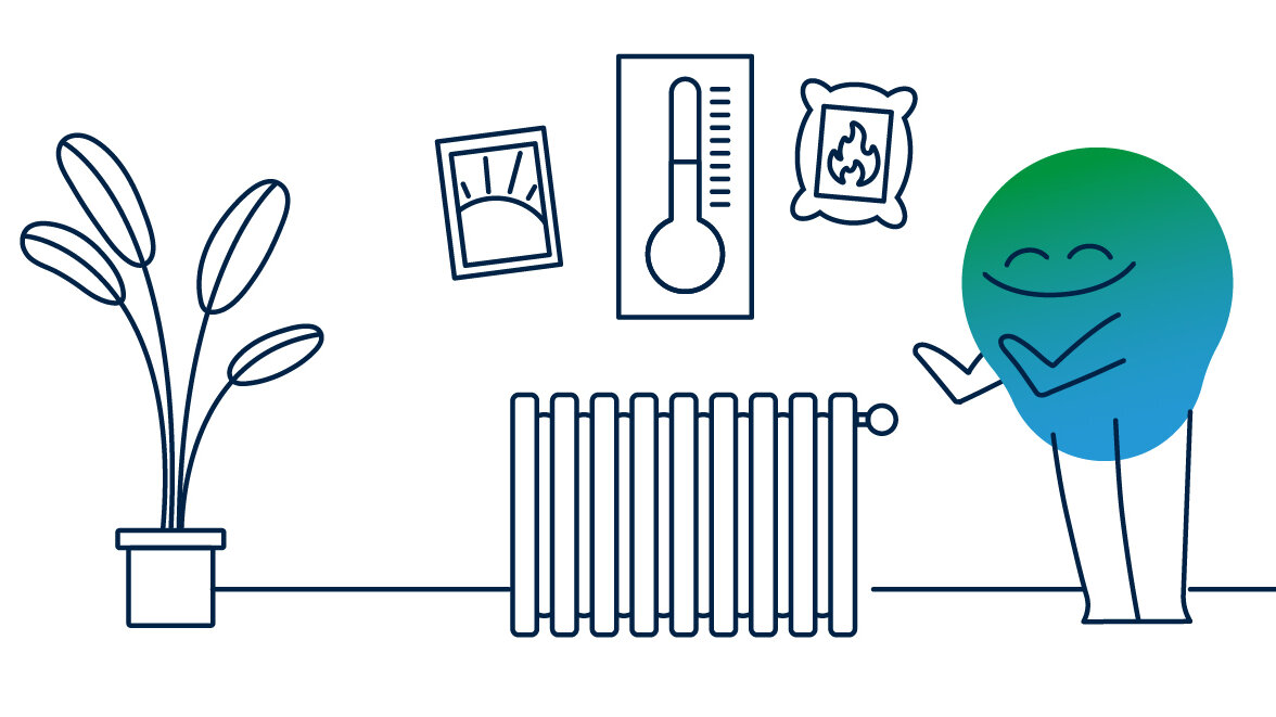 Illustration einer grafischen Erklärfigur, welches vor einer Heizung in einer Wohnung steht und sich die Hände wärmt.