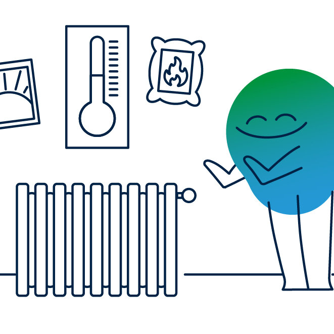 Illustration einer grafischen Erklärfigur, welches vor einer Heizung in einer Wohnung steht und sich die Hände wärmt.