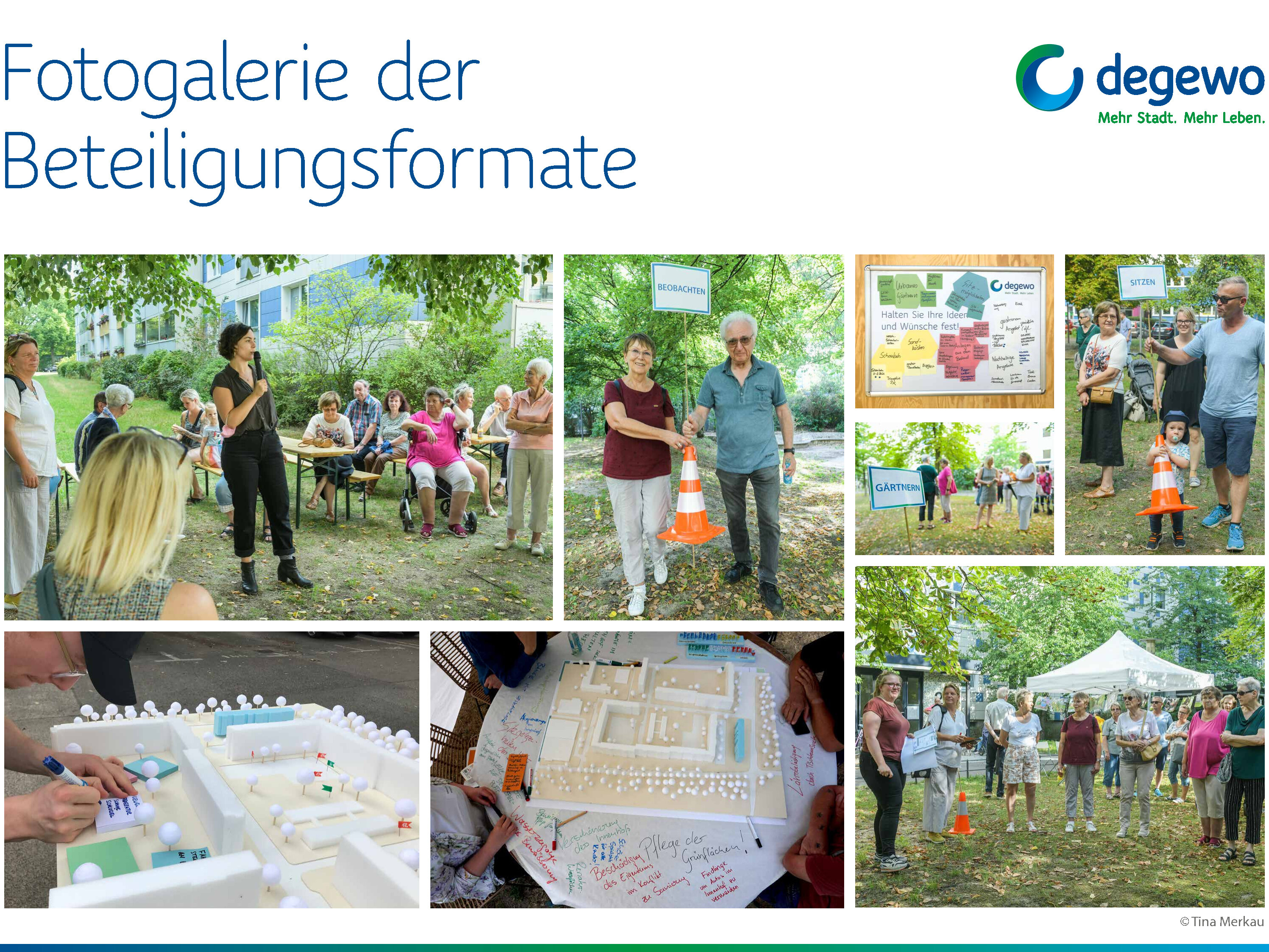 Plakat „Fotogalerie der Beteiligungsformate“ mit mehreren Bildern von Informationsveranstaltungen, Rundgängen und Workshops im Quartier.