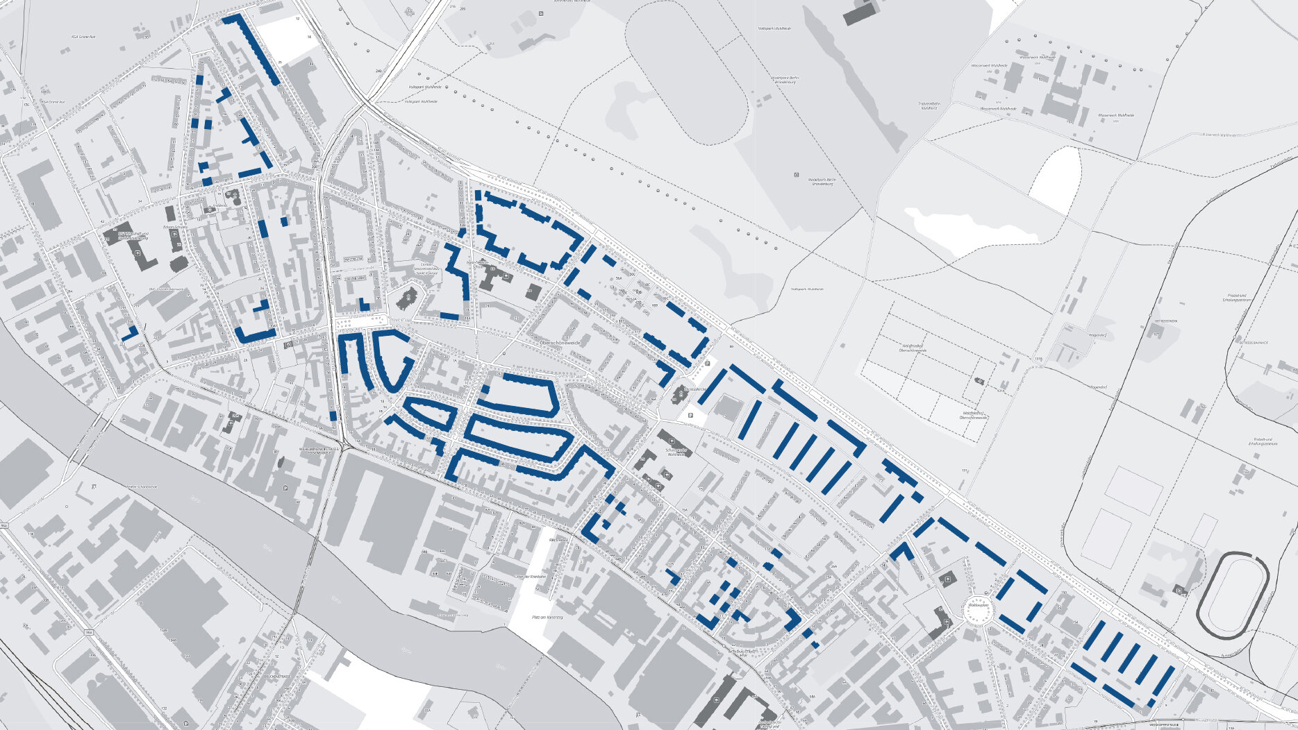 Kartenansicht des degewo-Quartiers Oberschöneweide mit farblich markierten Wohnungsbeständen