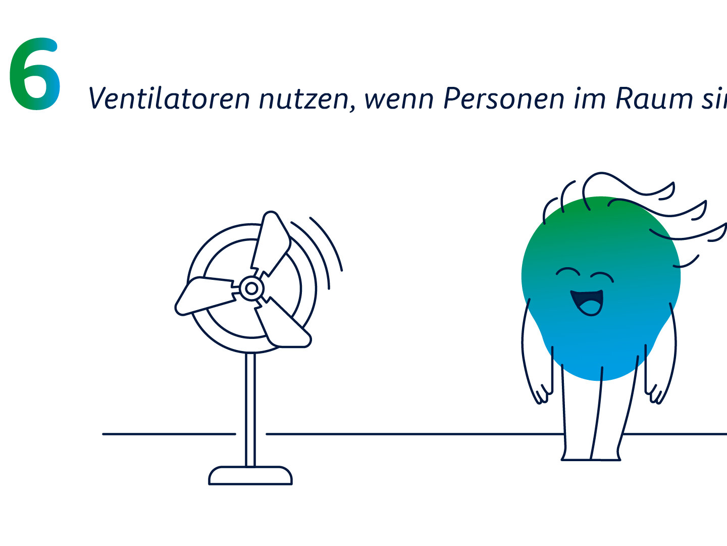 Grafik zu „Ventilatoren nutzen, wenn Personen im Raum sind“. Die Erkläfigur steht lachend im Luftzug eines Ventilators.