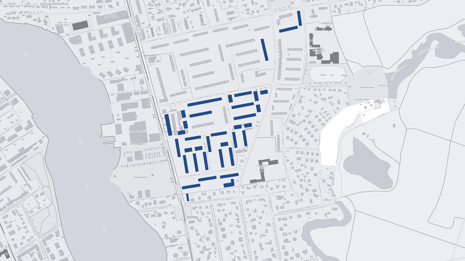 Kartenansicht des degewo-Quartiers Kietzer Feld mit farblich markierten Wohnungsbeständen