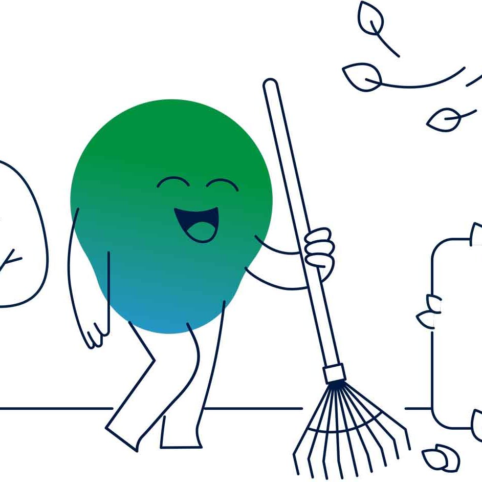 Illustration der degewo-Erklärfigur Kalle zum Thema Herbstmaßnahmen. Kalle steht draußen zwischen Bäumen und Hecken mit einem Rechen.